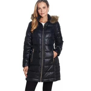 Gallery Womens Puffer Coat Small Black Hooded Faux Fur Full Zip Winter Outerwear
